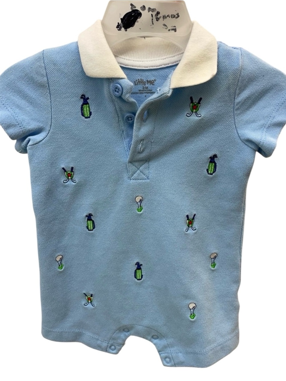 Little Me Blue Polo-Style Baby Romper with Golf Embroidery sz 6mos